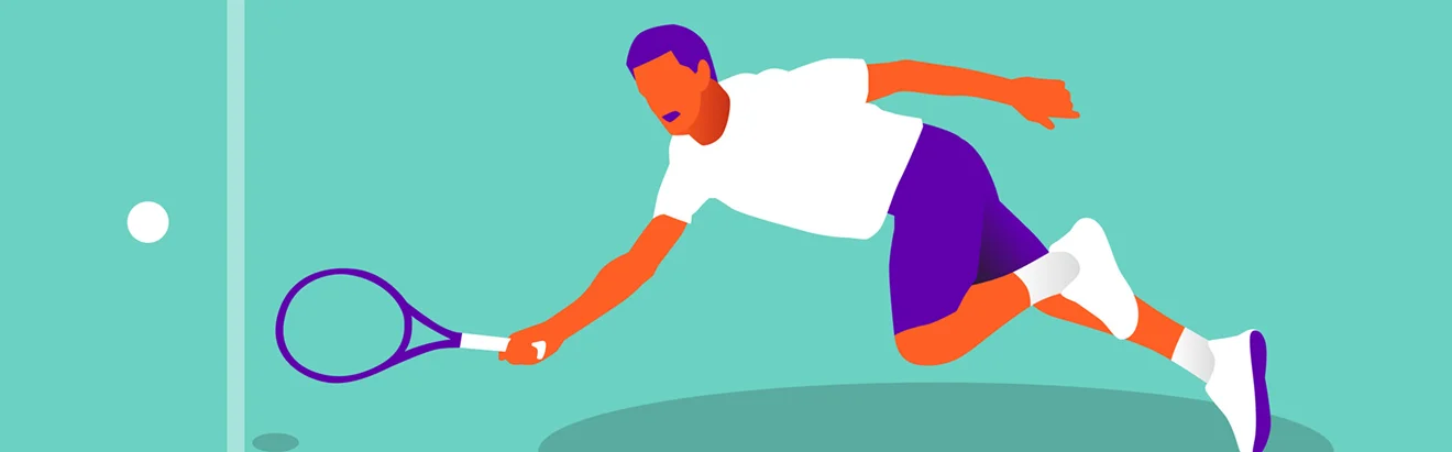 Illustration d'un joueur de tennis en action, vêtu d'une tenue de sport, sautant pour frapper une balle de tennis sur un court turquoise avec un ciel orange en arrière-plan, transmettant énergie et concentration.