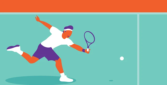 Illustration d'un joueur de tennis en action, vêtu d'une tenue de sport, sautant pour frapper une balle de tennis sur un court turquoise avec un ciel orange en arrière-plan, transmettant énergie et concentration.