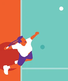 Illustration d'un joueur de tennis prêt à frapper sur le court. Le joueur est représenté dans des tons abstraits colorés, transmettant mouvement et énergie dynamique.