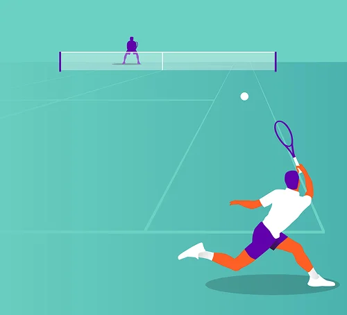Illustration de deux joueurs de tennis sur un court turquoise. Le joueur au premier plan brandit sa raquette, prêt à donner un coup puissant. L'adversaire attend près du filet.